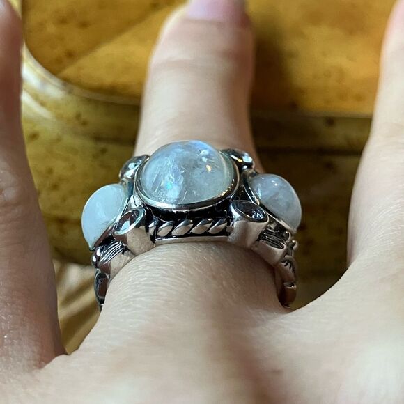 Natural Rainbow Moonstone White Topaz Sterling Silver Cocktail Ring Size 7 - Picture 2 of 9